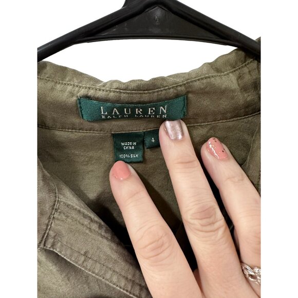 🍒 2/$20 🍒 Ralph Lauren Olive Green Button-up Blouse with Pockets sz 4 - Picture 3 of 4